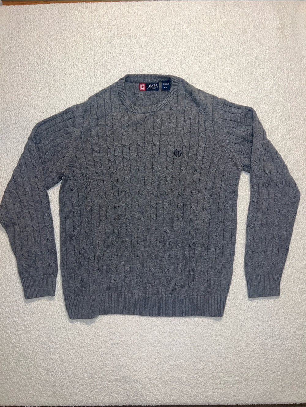 Chaps Men’s Gray Cable-Knit Crewneck Sweater Large Preppy Classic